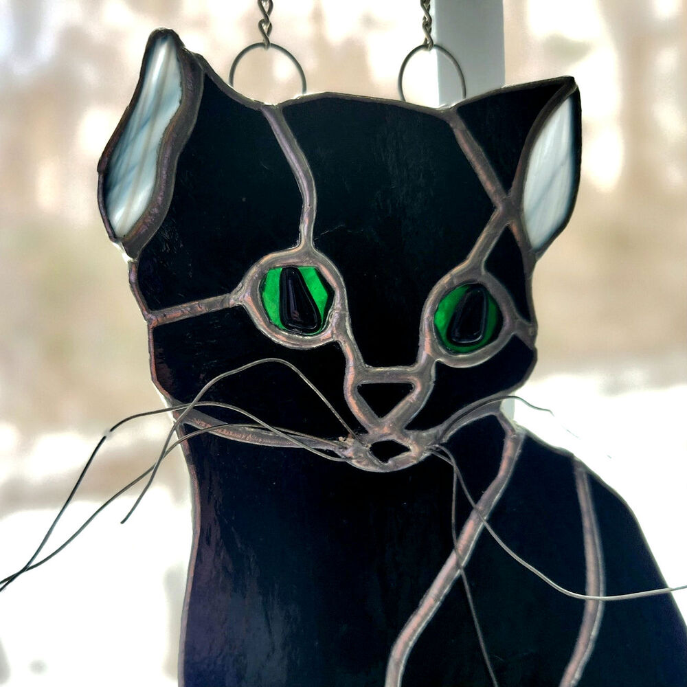 🐾 Vintage Burmese Black Cat Stained Glass Suncatcher – Green Eyes Artisan 1970s - Picture 4 of 10
